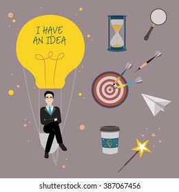 Idea, business and target concept. Set of icons + vector illustration of businessman sitting inside the light bulb.