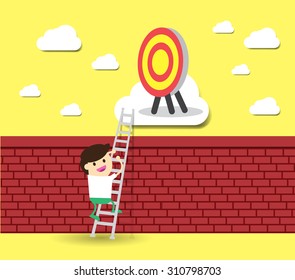 Idea Businessman climbing ladder to Success. Vector illustration. Businessman climbing to goal. Motivation concept to be successful. winner. finish. win. flat design.dream. brick Wall.