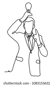 The idea. Businessman holding a light bulb over head. Business concept. Continuous line drawing. Isolated on the white background. Vector monochrome, drawing by lines