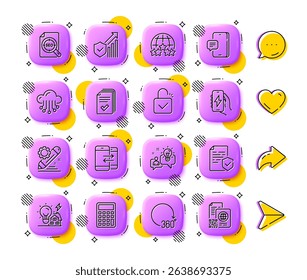 Idea, Calculator and Project edit line icons. App 3d buttons. Social media comment, share, like icons. Pack of Phone communication, 360 degrees, Phone message icon. Vector