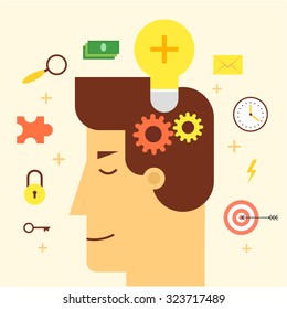 Idea came to the head man, business idea, start-up, solution, inspiration,. Flat design vector illustration.