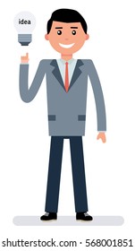 The idea came to the Manager. The young man shows a light bulb with the inscription idea.
Cartoon vector flat-style illustration