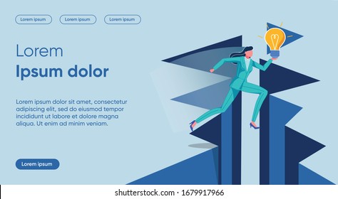 Idea Carrying Flat Landing Page Vector Template. Hurry, Business Race, Project Presentation, Being First Metaphor. Businesswoman Running with Lightbulb Faceless Character. Rivalry Homepage Layout