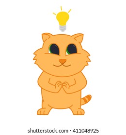 idea. cat with a light bulb over his head. emotion conceived ideas. red cat with a cavity tail came up with the idea
