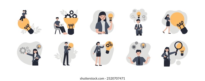 Idea Conjunto de ilustración plana de personaje. Incluya de solución, creatividad, bulbo, pensamiento e imaginación. Ilustración vectorial aislada fondo transparente