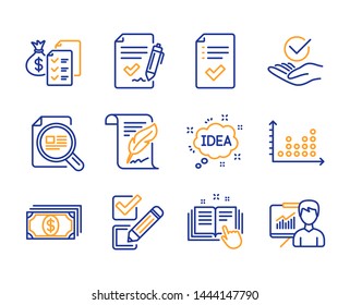 Idea, Checkbox and Feather icons simple set. Payment, Check article and Approved checklist signs. Accounting wealth, Technical documentation and Approved agreement symbols. Line idea icon. Vector