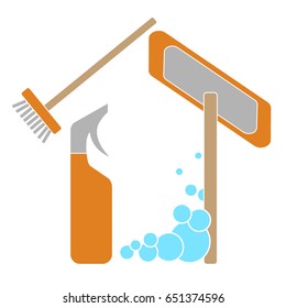 The idea for the cleaning company's logo in the houses. A mop, a broom, foam and a glove with an okay sign make up a house with a roof