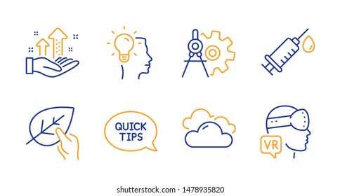 Idea, Cogwheel dividers and Medical syringe line icons set. Cloudy weather, Quickstart guide and Analysis graph signs. Organic tested, Augmented reality symbols. Professional job, Settings. Vector