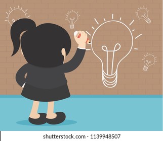 idea concept  Back view of business woman writing idea and light bulb on wall 