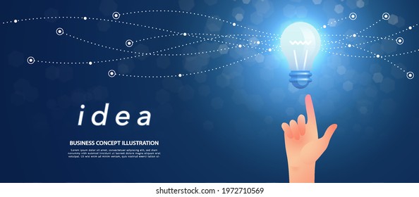 Idea Concept Banner With Hand Pointing At Glowing And Sparking Light Bulb On Dark Blue Background. Vector Illustration