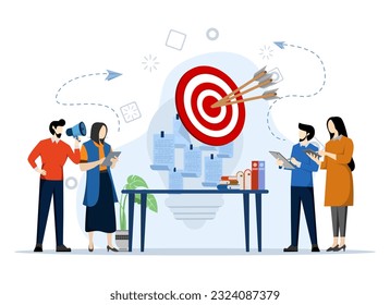 Idea concept, brainstorming to gather new ideas, effective meeting discussion, team members looking for solutions. Business people brainstorming with sticky notes combined with bright light bulb ideas