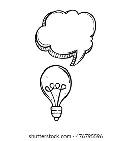 idea concept with bubble talk and light bulb using doodle art
