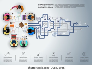  Idea concept for business analysis and brainstorm teamwork, creative innovation, consulting and project management strategy.Vector illustration Infographic template with people, team and icon. 