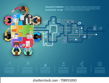  Idea concept for business analysis and brainstorm teamwork, creative innovation, consulting and project management strategy.Vector illustration Infographic template with people, team and icon. 