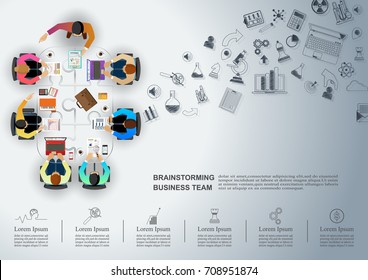 Conceito de ideia para análise de negócios e brainstorm trabalho em equipe, inovação criativa, consultoria e estratégia de gestão de projetos.Ilustração vetorial modelo infográfico com pessoas, equipe e ícone.