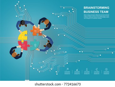 Idea concept for business analysis and brainstorm teamwork. Contains abstract circuit background.