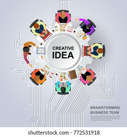 Idea concept for business analysis and brainstorm teamwork. Contains abstract circuit background.