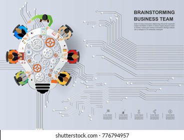 Idea concept for business analysis and brainstorm teamwork. Contains abstract circuit background.