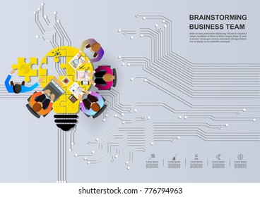 Idea concept for business analysis and brainstorm teamwork. Contains abstract circuit background.