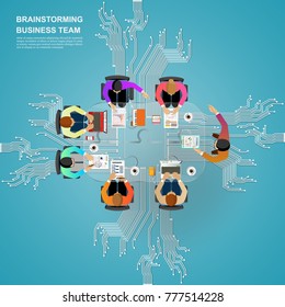 Idea concept for business analysis and brainstorm teamwork. Contains abstract circuit background.