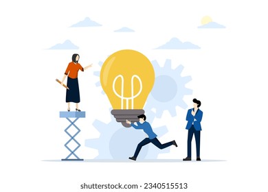 idea concept in business. Businessman with light bulb. Teamwork has a new creative idea concept or looking for a way to solve a problem. exchange opinions. Flat Vector illustration on white background