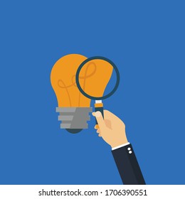 idea concept - business hand holding magnifying glass and bulb.Conceptual vector illustration in flat style design.Isolated on background.