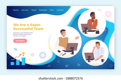 Idea concept for business teamwork, creative innovation, successful team. Website template. Woman and men online support or call center hotline specialist in headphones near the computer at work