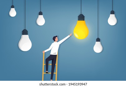 Idea concept. Businessman climbing ladder and reaching light bulb vector illustration.