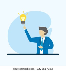 idea concept. businessman comes up with an idea, cartoon character has an idea to start, sells a startup idea, flat style vector illustration.