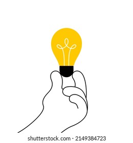 Idea concept. Cartoon hand holds a lighted bulb. New idea. Vector cartoon illustration