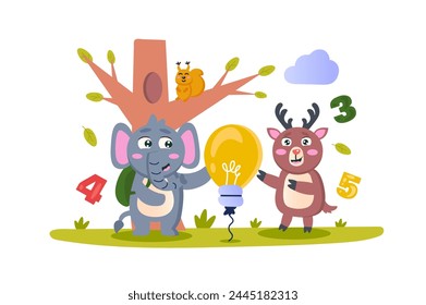 Idea concept with character scene in flat cartoon design. Schoolchildren elephant and deer present their idea in class. Vector illustration.