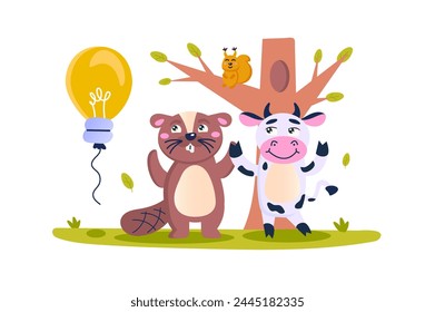 Idea concept with character scene in flat cartoon design. The little beaver and the cow have a great idea, so they are cheerful. Vector illustration.