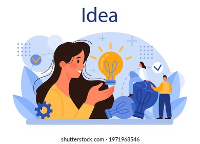 Idea concept. Creative innovation or business solution generation. Inspiration and imagination in a brainstorm. Light bulb as metaphor. Isolated flat vector illustration