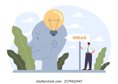 Concepto de idea. Innovaciones creativas o generación de soluciones. Pensamiento e imaginación. Bombilla como metáfora. Ilustración vectorial plana