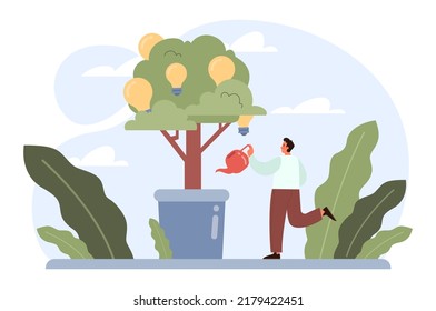 Idea concept. Creative innovations or solutions generation. Thoughtfulness and imagination. Light bulb as metaphor. Flat vector illustration