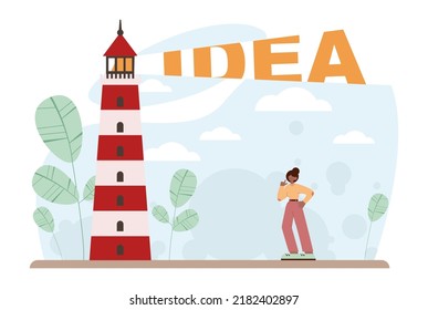 Idea concept. Creative innovations or solutions generation. Thoughtfulness and imagination. Light bulb as metaphor. Flat vector illustration