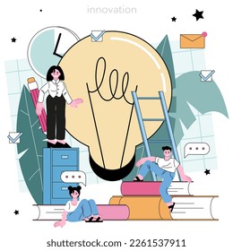 Idea concept. Creative innovations or solutions generation. Thoughtfulness and imagination in a brainstorm. Light bulb as metaphor. Flat vector illustration