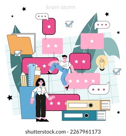 Idea concept. Creative innovations or solutions generation. Thoughtfulness and imagination in a brainstorm. Light bulb as metaphor. Flat vector illustration