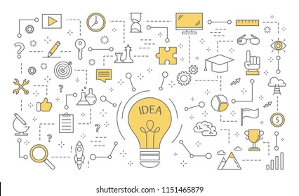 Idea concept. Creative mind and brainstorm. Light bulb as a metaphor of idea. Set of innovation and education icons. Isolated line vector illustration