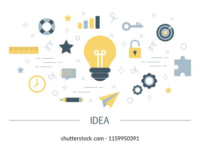 Idea concept. Creative mind and brainstorm. Light bulb as a metaphor of idea. Set of innovation and education colorful icons. Isolated line vector illustration