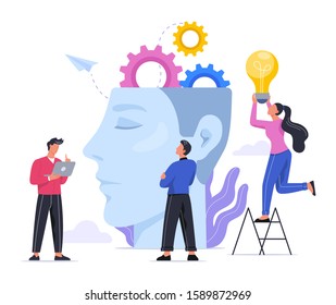 Idea concept. Creative mind and brainstorm. Thinking about innovation and find solution. Light bulb as metaphor. Education and project planning and team building. Vector flat illustration