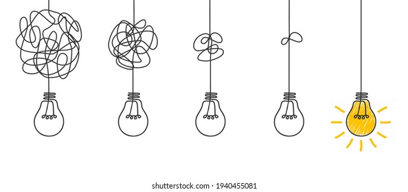 Idea concept, creative of simplifying complex process lightbulb, bulb sign, innovations, untangled of problem. Keep it simple business concept for project management, marketing, creativity - vector