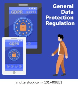 The idea of the concept of GDPR. Illustration of the security and protection of personal data by the system GDPR on the Internet and on mobile devices.
