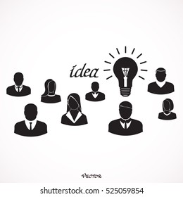 idea concept. glowing lightbulb surrounded by group of people. Flat style vector illustration.