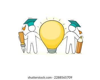 Concepto idea con bombilla, lápiz y personas dibujadas a mano. Ilustración vectorial de las tormentas de ideas, éxito de nuevos proyectos empresariales, innovación con estudiantes y papelería.