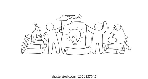 Ideenkonzept mit handgezeichneter Glühbirne, Bleistift, Büchern, Mikroskop und Männern. Vektorgrafik des Brainstorms, des Erfolgs neuer Geschäftsprojekte, der Innovation mit Studierenden und Schreibwaren.