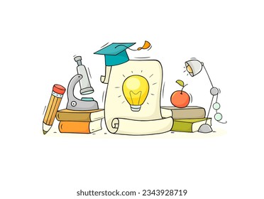 Concepto idea con bombilla de luz dibujada a mano, lápiz, libros, microscopio. Ilustración vectorial de las tormentas de ideas, éxito de nuevos proyectos de negocios, innovación con objetos educativos.