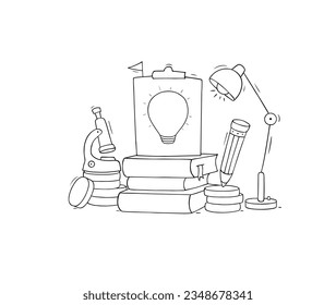 Idea concept with hand drawn light bulb, books, money, microscope. Vector illustration of brainstorm, new business project success, innovation with lamp, stack of gold coins, pencil, books