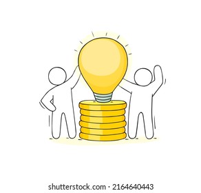 Idea concept - hand drawn workers with lamp idea, money. Cartoon icon about creative and finance. Hand drawn vector illustration - stack of gold coins and for business design.