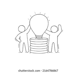 Idea concept - hand drawn workers with lamp idea, money. Cartoon icon about creative and finance. Hand drawn vector illustration - stack of gold coins and for business design.